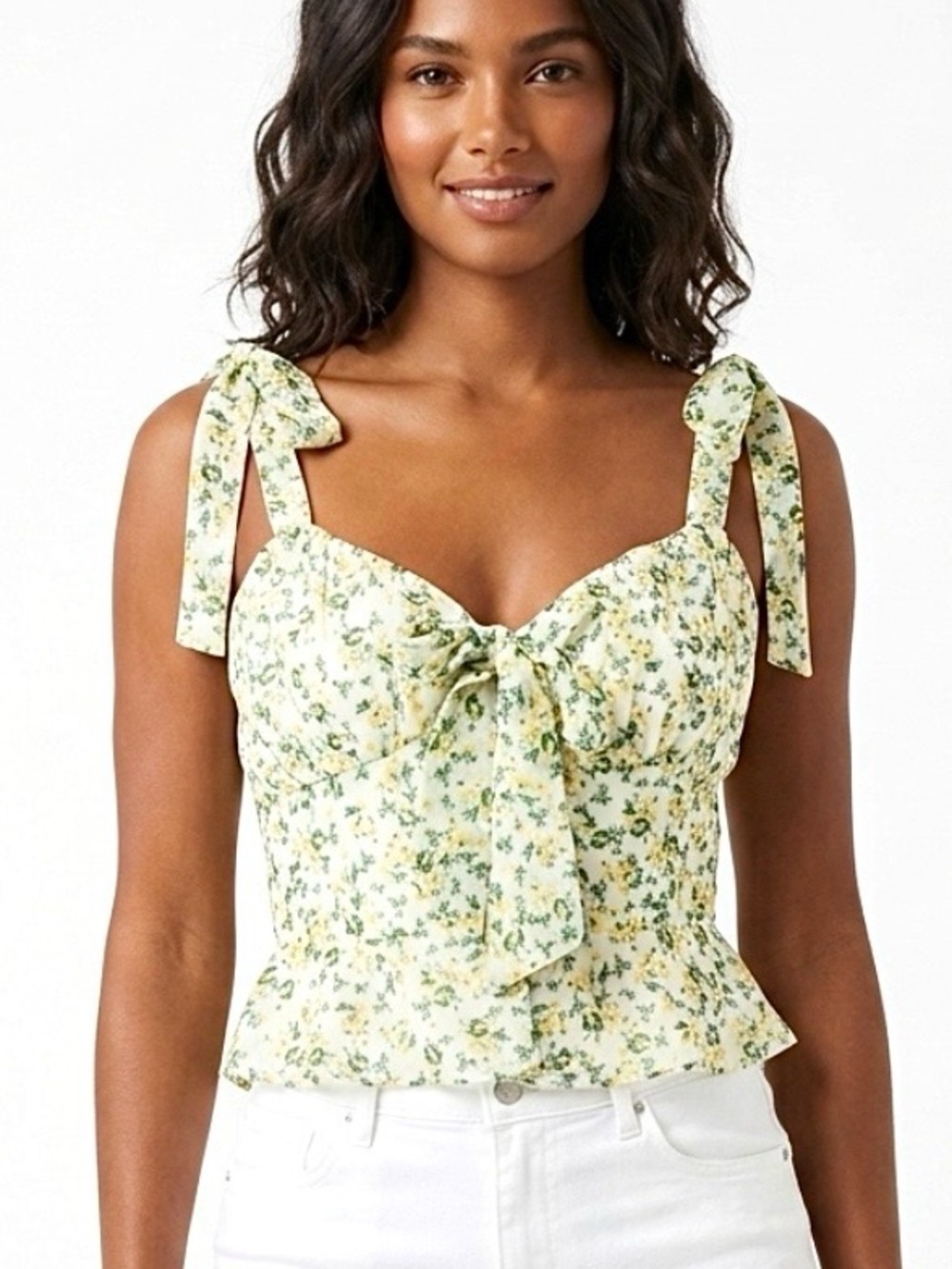 WAYF Milkmaid Button Front Cami Size XS Ditsy Floral Tie Shoulder Cropped Tank
